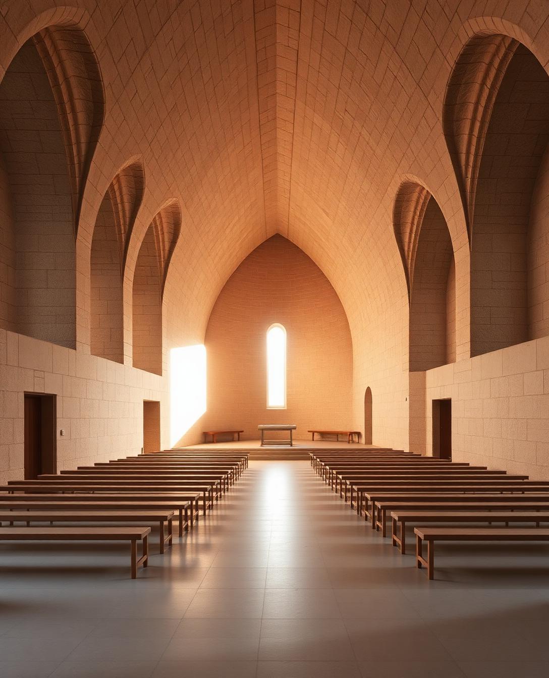 Sunlit interior of a modern stone sanctuary