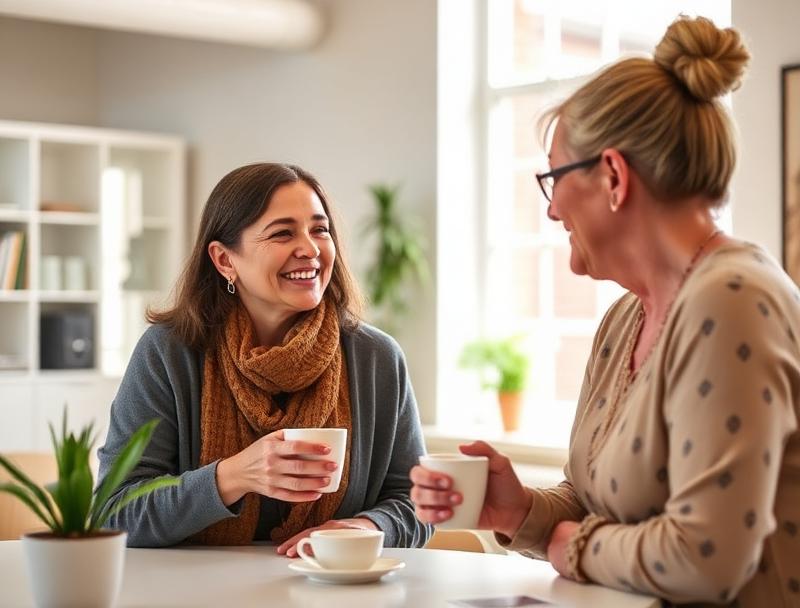 Two women talking warmly over coffee in a bright community space